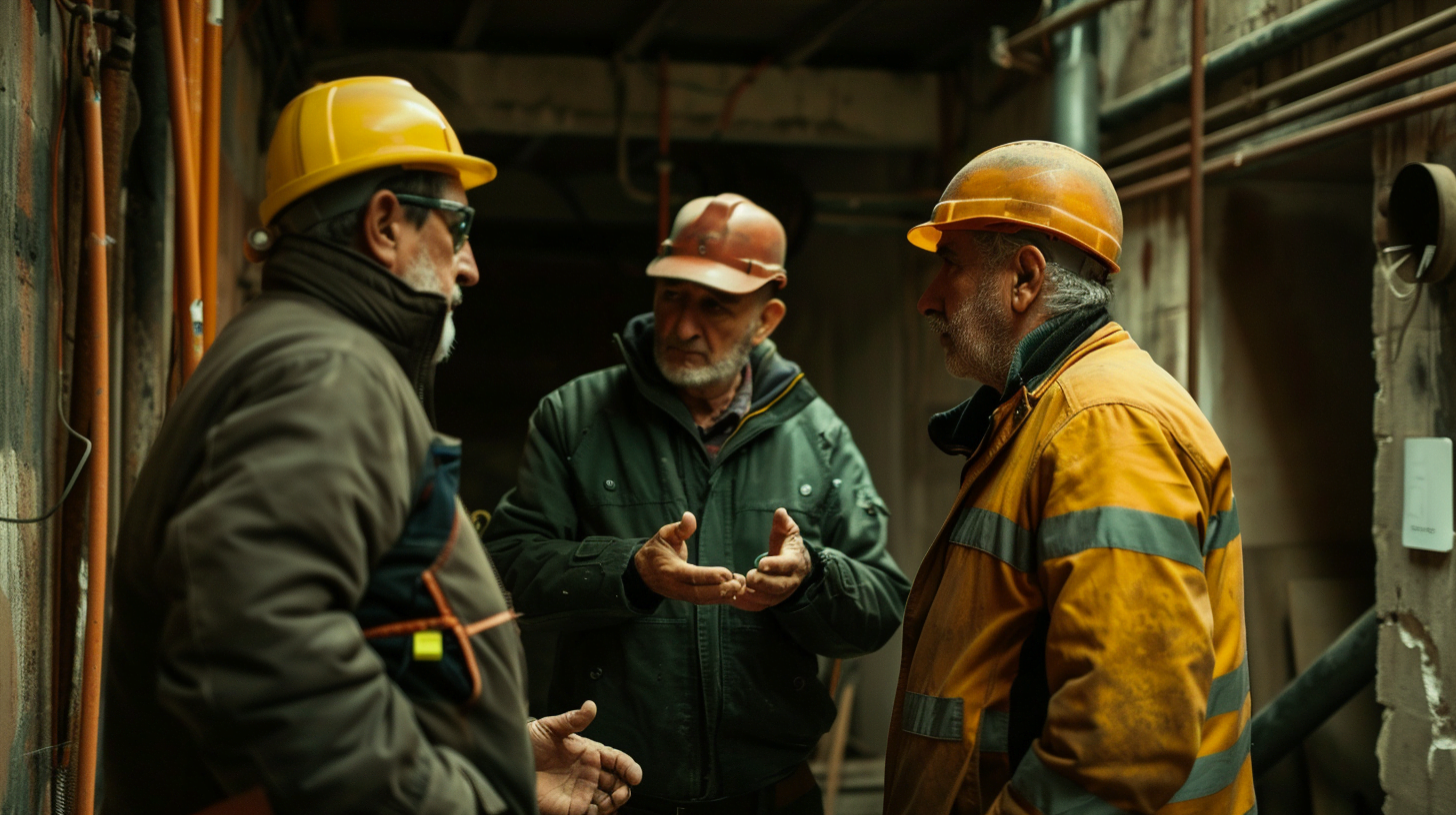 propietario discutiendo con contratistas por tuberia rota