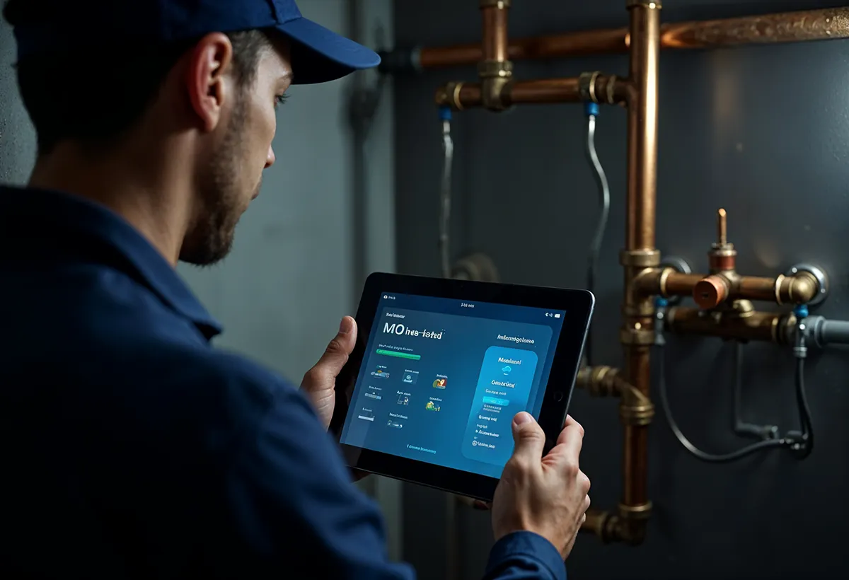 Servicio digital de plomería, hombre sosteniendo una tablet
